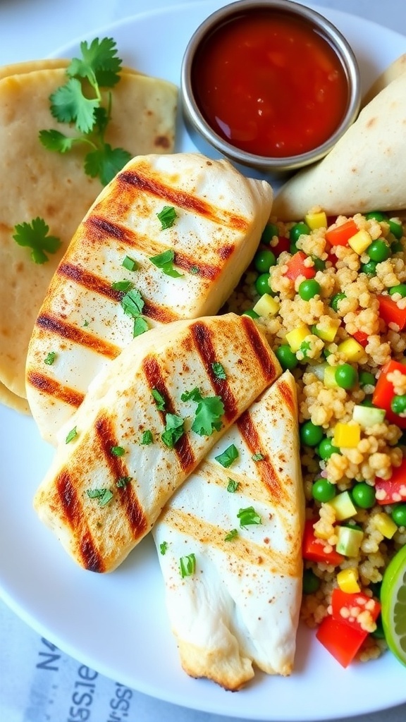 Grilled tilapia with quinoa salad and salsa on a plate, showcasing a healthy lunch option.